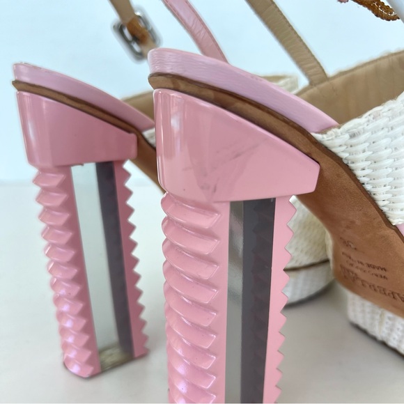 APERLAI Paris White Wicker Style Pink Leather Ankle Strap  Lucite Heel Sz 38 - Picture 14 of 15